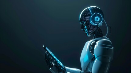 Wall Mural - Futuristic robot with glowing blue details using a tablet in a dark environment, showcasing advanced technology and artificial intelligence.