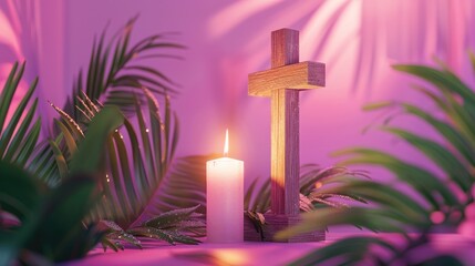 Serene Candlelight Vigil by Wooden Cross with Tropical Foliage