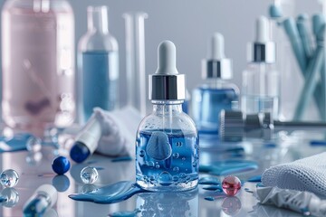 Poster - Close-up of glass bottles of serum with droplets on a laboratory table. Generative AI
