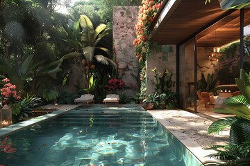 Wall Mural - A tropical modern oasis with a private cenote pool surrounded by lush greenery and exotic flowers.