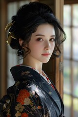 Poster - Portrait of a beautiful Asian woman in traditional Japanese kimono