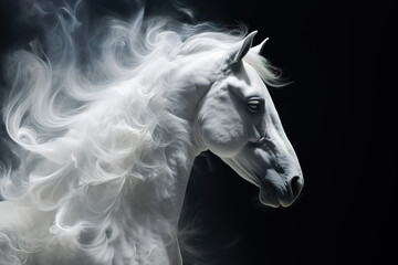 Abstract of white horse head have smoke and fog on black background. Mammals, Wildlife Animals.