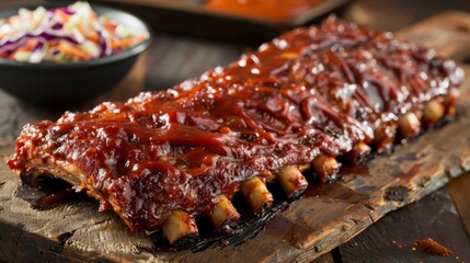 Wall Mural - A mouthwatering rack of ribs with barbecue sauce and coleslaw, served in a rustic American barbecue joint.