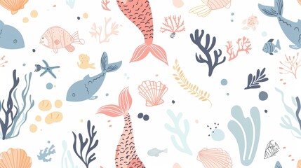 Wall Mural - Vector illustration seamless background of mermaid theme.