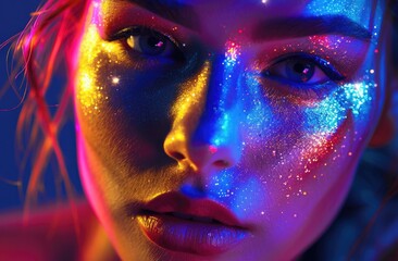 Wall Mural - Vibrant Neon Glitter Makeup on Young Woman in Red and Blue Light