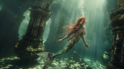 Wall Mural - Beautiful mermaid swimming underwater in deep sea with ancient city ruin lost civilization.