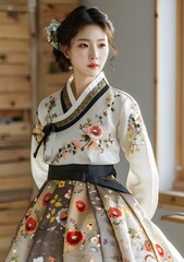 A young woman wearing a hanbok, a traditional Korean dress