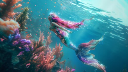 Wall Mural - Beautiful mermaid swimming underwater in deep sea.