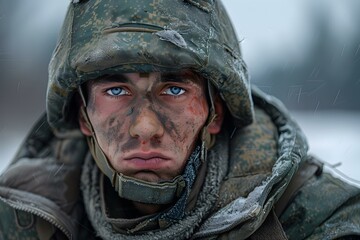 Canvas Print - Portrait of a young soldier in the winter forest