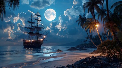 Wall Mural - A sailing ship and a giant moon. Fantasy wallpaper.