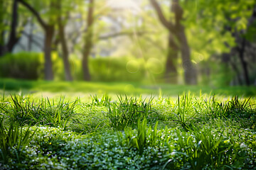 Wall Mural - Beautiful spring natural landscape. Spring background image with blooming young lush grass in a clearing against a background of trees.