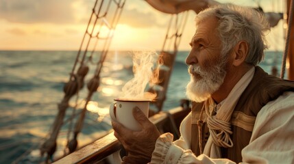 Poster - Portrait of a ship captain on boat in sea.