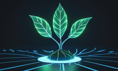 Wall Mural - Illusration of glowing green plant with leaves on a circular platform