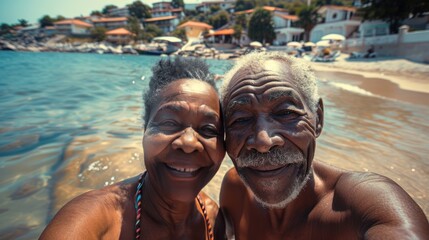 Sticker - authentic portrait of black elderly couple resting on beach with dog, bold intense positive emotions, African-American senior people laughs and taking selfie, grained photo in 90s style, AI generated