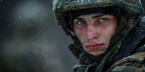 Wall Mural - Portrait of a young soldier in the snow