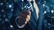 © Alon - A businessman is interacting with a virtual interface, successfully marking tasks with a checkmark. This concept symbolizes efficient business processes and modern technology advancements