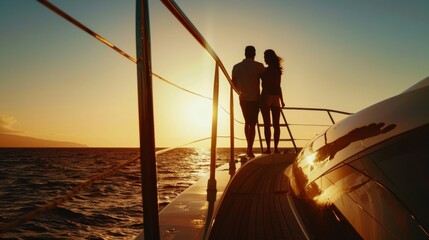 A lovely couple on deck of yacht enjoy sunset in sea.