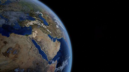 fly zoom into jordan, amman, zarqa, through space to see the country map region from above from spac