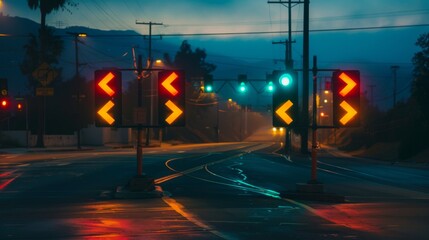Poster - A row of traffic lights at an intersection, with arrows indicating left turn, right turn, and straight ahead directions for drivers.