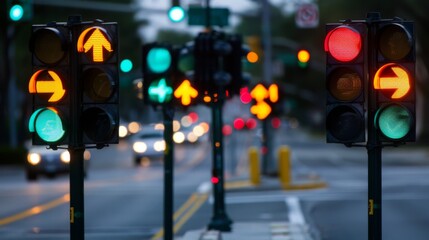 Poster - A row of traffic lights at an intersection, with arrows indicating left turn, right turn, and straight ahead directions for drivers.