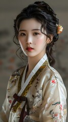 Wall Mural - Portrait of a beautiful young woman in traditional Korean dress, or Hanbok