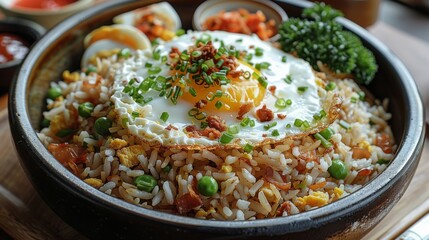 Wall Mural - A bowl of Fried Rice with eggs and other side dishes. Generative AI.