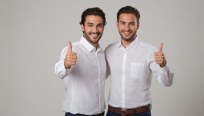 Canvas Print - Two smiling men in white shirts give a thumbs-up. The image reflects a friendly and collaborative spirit.