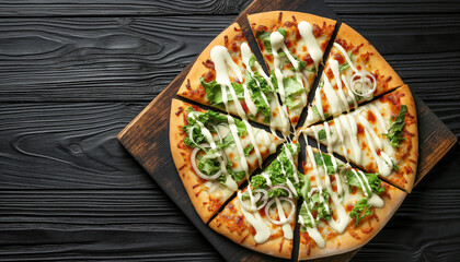 Wall Mural - Whole pizza on a rustic wooden table. The pizza has a golden, crispy crust 