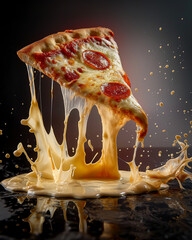 Wall Mural - A Delicious pizza slice with Melted Cheese Mayonnaise Exploded Background