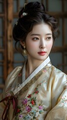 Sticker - Portrait of a beautiful young Korean woman in traditional dress