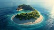 © visoot - A huge circular island in the middle of the ocean, located in the middle of the sea, with a huge lagoon surrounded by white sandy beaches and tropical plants. nobody. Aerial high view. Generative AI.
