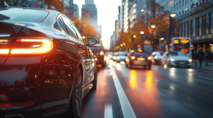 Poster - A traffic of a big city on daylight, street view, close up car. Generative AI.