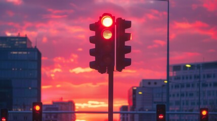 Poster - A traffic light at dusk, with the sky turning shades of pink and orange as the sun sets behind urban buildings in the background.
