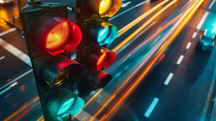 Poster - A traffic light changing from red to green, with blurred motion of cars moving forward as they proceed through the intersection.