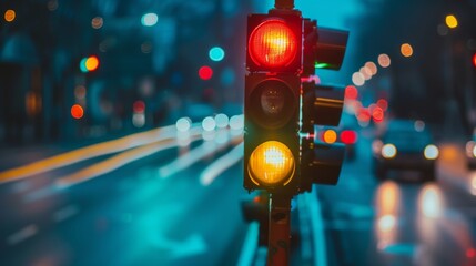 Poster - A traffic light changing from red to green, with blurred motion of cars moving forward as they proceed through the intersection.