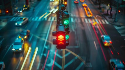 Poster - A traffic light changing from red to green, with blurred motion of cars moving forward as they proceed through the intersection.