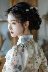 Poster - Young Woman in Traditional Korean Hanbok with Floral Pattern