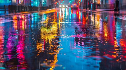 A traffic light reflected in a rain-soaked street, with colorful streaks of light and reflections creating an artistic urban scene.