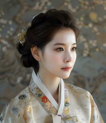 Poster - Portrait of a young woman in traditional Korean dress, or Hanbok