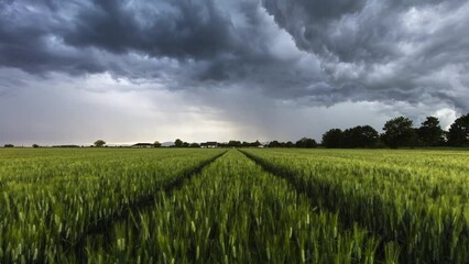 Poster - Time lapse of Storm with dark clouds over green wheat field landscape