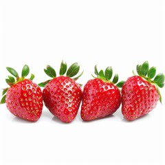 Wall Mural - Ripe strawberries in a line with green leaves isolated on white background.