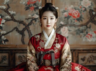 Wall Mural - Portrait of a young woman in traditional Korean hanbok dress