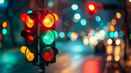 Aufkleber - An urban intersection at night, with traffic lights glowing red, green, and yellow against a backdrop of city lights.