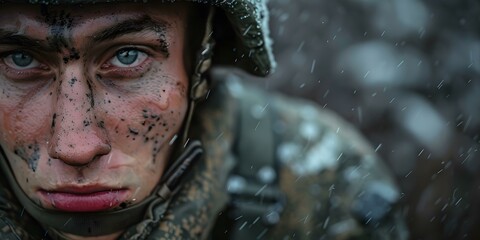 Poster - Portrait of a young soldier with blue eyes and a determined expression on his face. He is wearing a military helmet and his face is covered in mud and water.