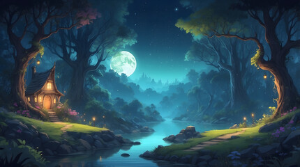 Fantasy landscape, magical night, fairy tale forest.
