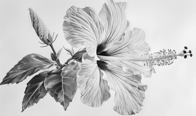 Wall Mural - Black and white hibiscus illustration with pencil texture