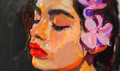Wall Mural - Closeup portrait of young woman in acrylic painting style