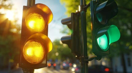 Aufkleber - Close-up of a traffic light changing from green to yellow, signaling drivers to slow down and prepare to stop at an intersection.