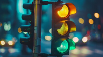 Aufkleber - Close-up of a traffic light changing from green to yellow, signaling drivers to slow down and prepare to stop at an intersection.