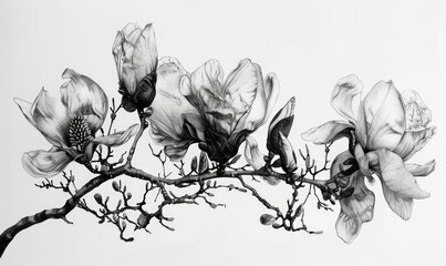 Wall Mural - Black and white illustration of magnolia flowers